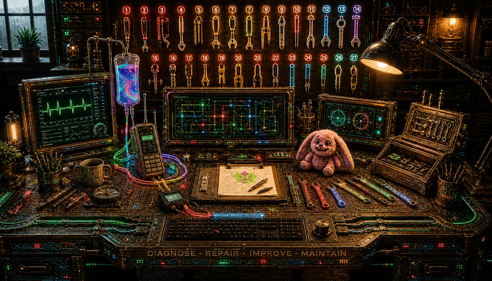 Digital Business Mechanic AI workbench with laptop, tools, workflow panels, and receptionist mascot